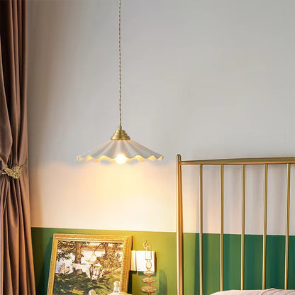 All-Copper Retro Rice-Hat Pendant Light – Elegant Floral Ceramic Chandelier for Bedroom & Cafe