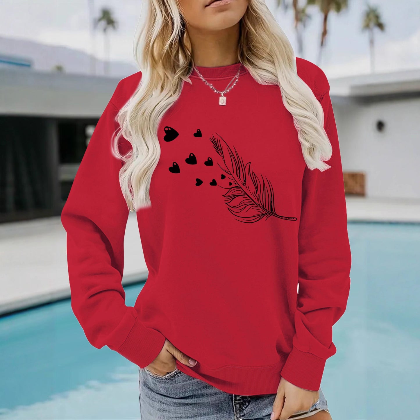 Feather & Heart Print Grey Sweatshirt | Cozy Long Sleeve Pullover for Women