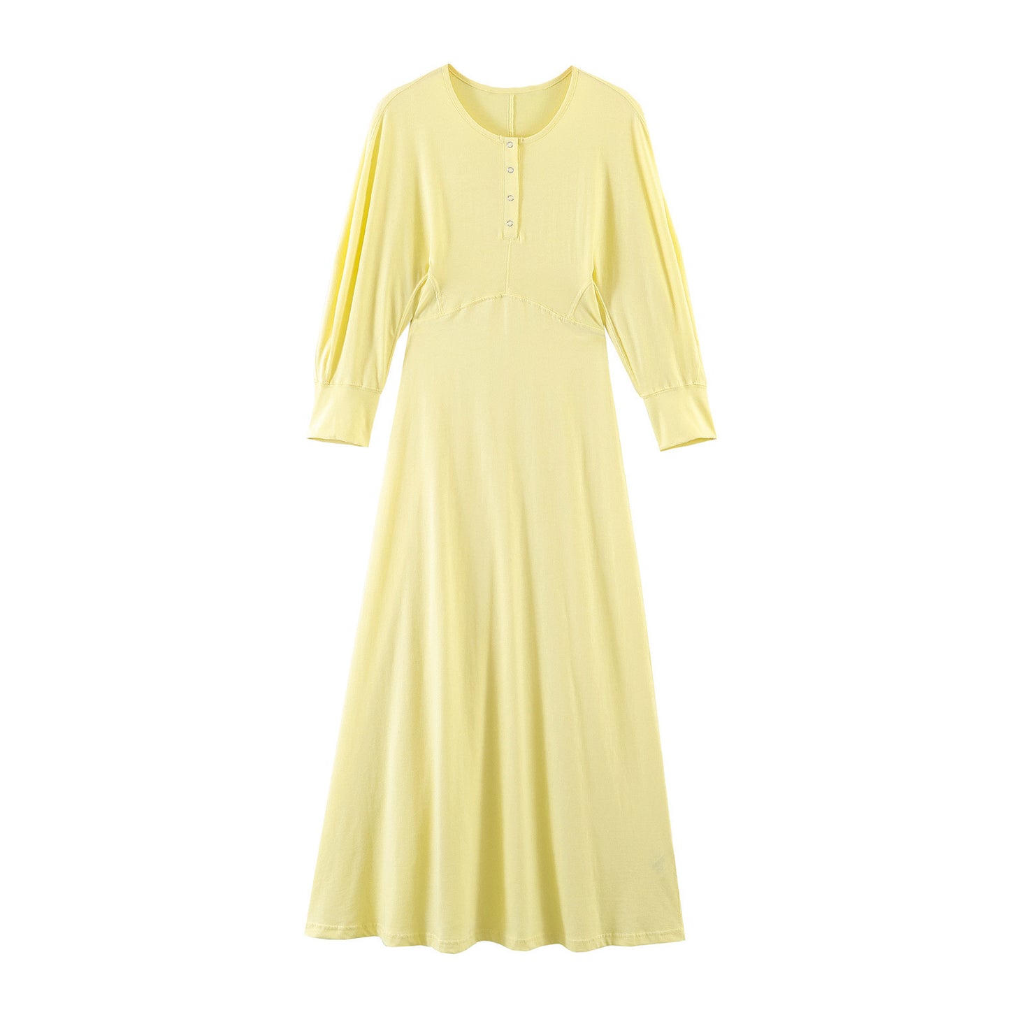 Elegant Yellow Buckle Embellished MIDI Dress - Commuting Style High Waist Long Sleeve Skirt for Women