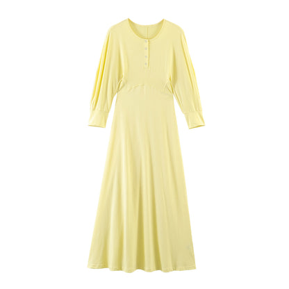 Elegant Yellow Buckle Embellished MIDI Dress - Commuting Style High Waist Long Sleeve Skirt for Women