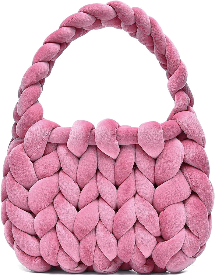 Chunky Hand-Knitted Velvet Yarn Shoulder Bag - Pink