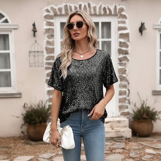 Sparkly Champagne Sequin Party Top - Glamorous Loose Fit Short Sleeve Evening Tee
