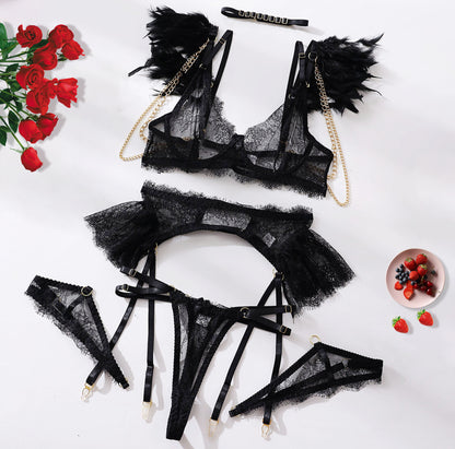 Fashionable Sexy White/Pink Lingerie Set with Removable Chain and