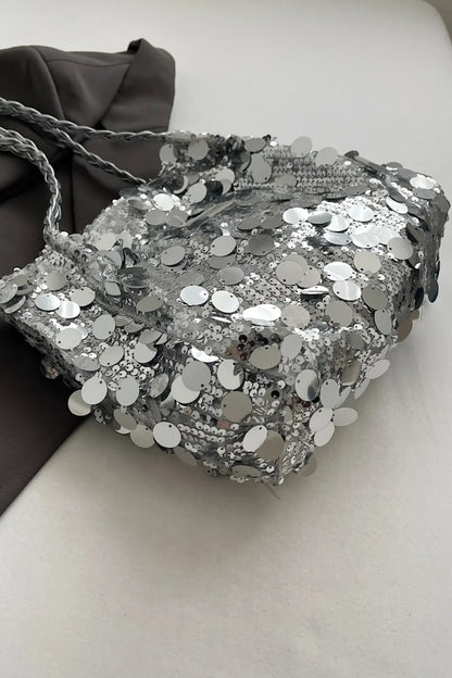 Sparkly Silver Sequin Bag with Braided Shoulder Strap (Hobo Style)
