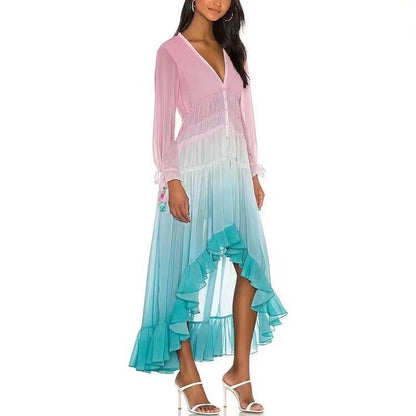 Gradient Sunset Ruffle Maxi Dress - Boho Deep V-Neck Long Sleeve Beach Gown