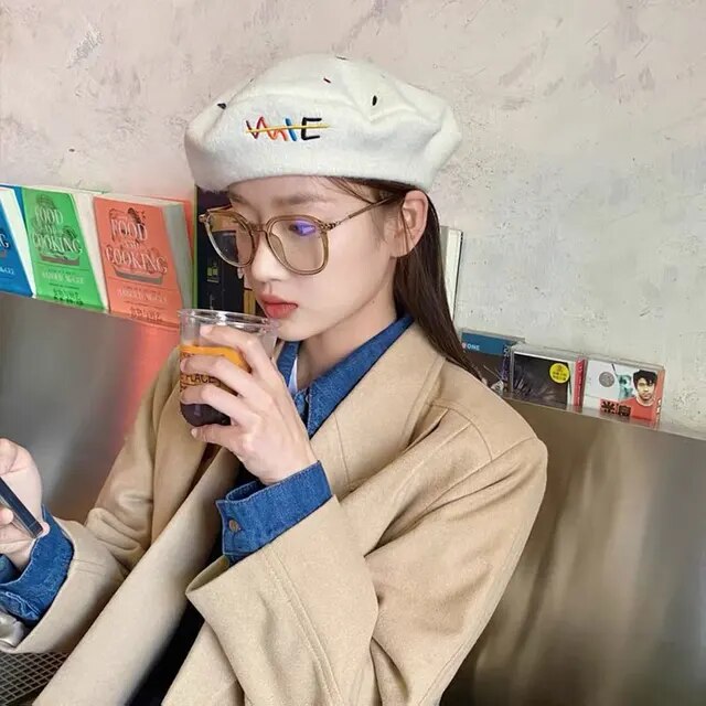 Cute Dinosaur Embroidery Wool Beret - Korean Style Winter Artist Hat for Women & Girls