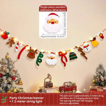 Handmade Christmas Pull String Flag Banner with LED String Lights
