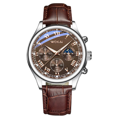 Luxury Men's Business Quartz Chronograph Watch with Brown Leather Strap.
