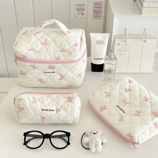 Cute Bow Flower Quilted Cotton Makeup Bag & Toiletry Case Set