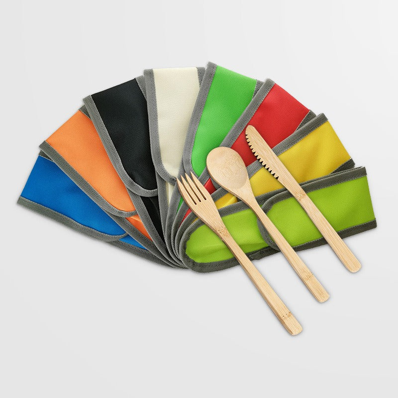 20CM Eco-Friendly Bamboo Cutlery Set with Floral Travel Pouch - 3-Piece Reusable Knife, Fork, and Spoon