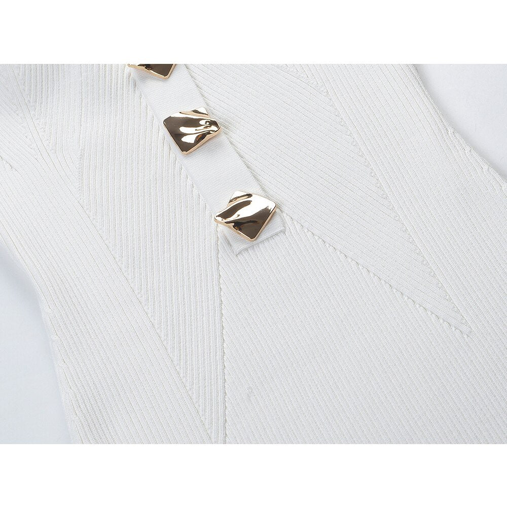 Elegant Knitted Heart-Collar Long Sleeve Dress - European Style Slim Fit Midi Skirt with Decorative Buttons