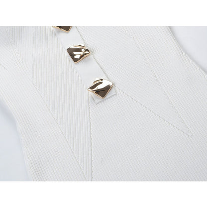 Elegant Knitted Heart-Collar Long Sleeve Dress - European Style Slim Fit Midi Skirt with Decorative Buttons