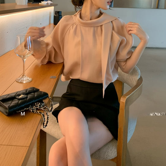 Style One-Shoulder Draped Collar Buttoned Shirt | Elegant Pink Long Sleeve Top for Women