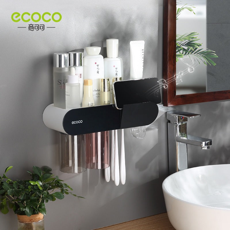 Multi-Functional Wall-Mounted Toothbrush Holder & Organizer – Punch-Free Magnetic Mouthwash Cup Set for Bathroom