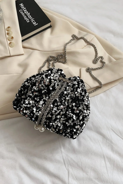 Sparkling Sequin Drawstring Bucket Bag with Chain Strap