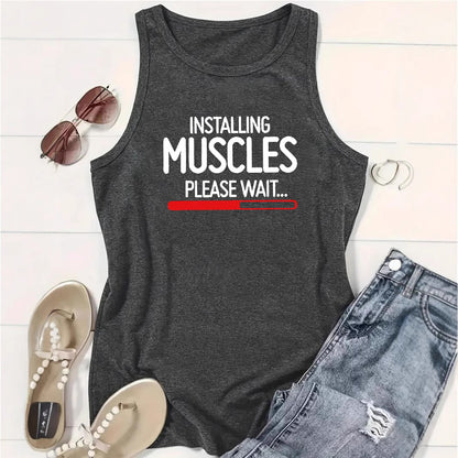 Installing Muscles Please Wait...' Slogan Printed Sleeveless Tank Top | Gym & Workout Shirt