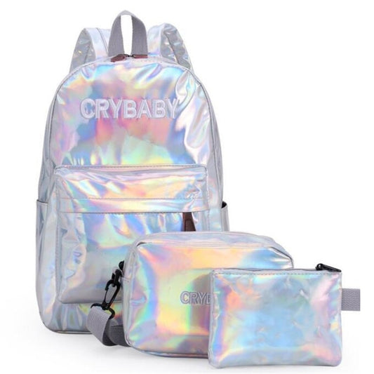 3-Piece Holographic Laser Backpack Set with "Crybaby" Embroidery - School & Travel