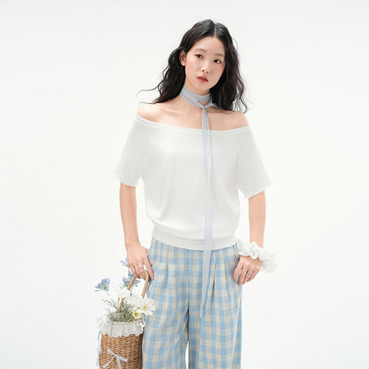 Elegant Loose Fit Off-the-Shoulder Top with Neck Strap for Women