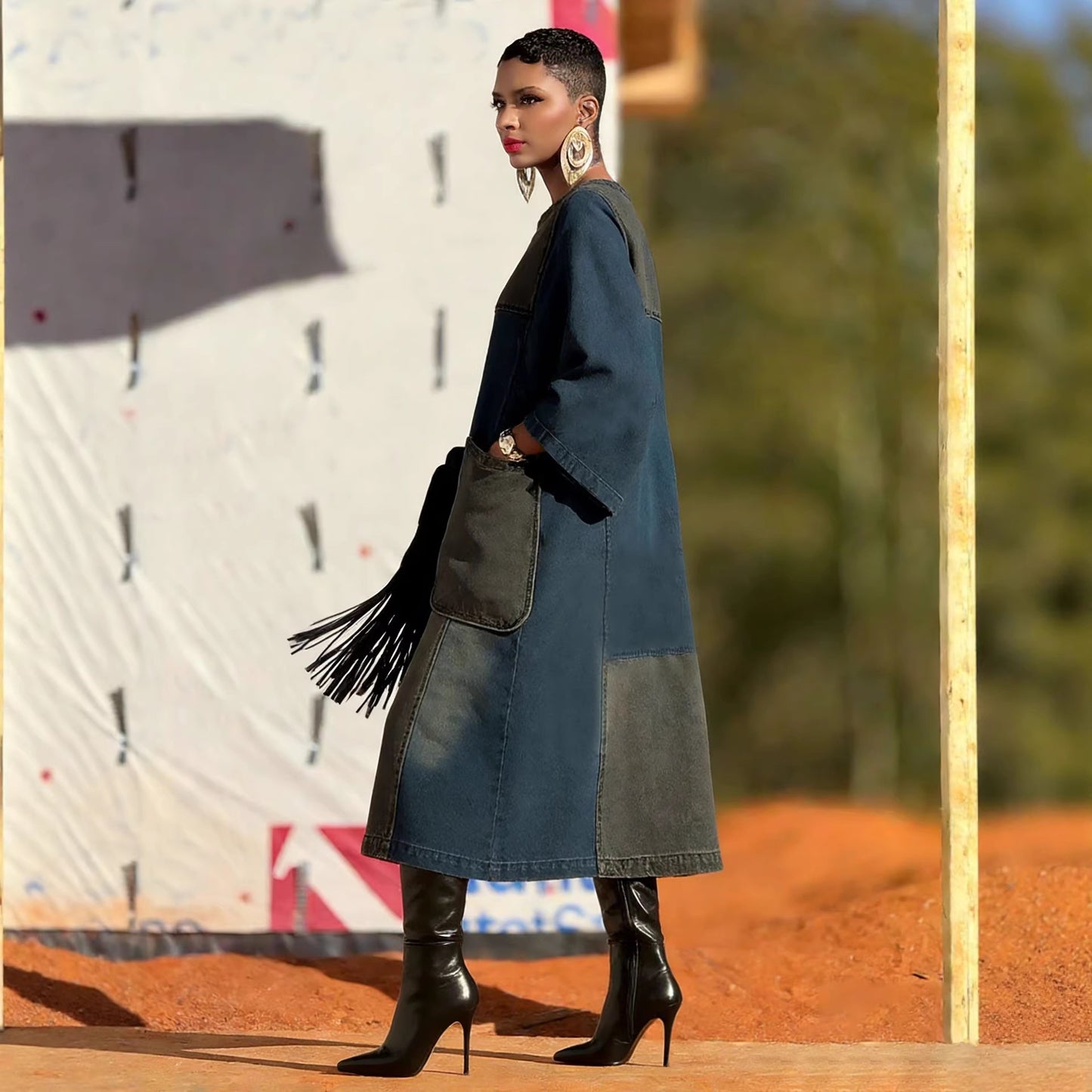 Women's Loose Denim Dress with Pockets and Asymmetrical Hem