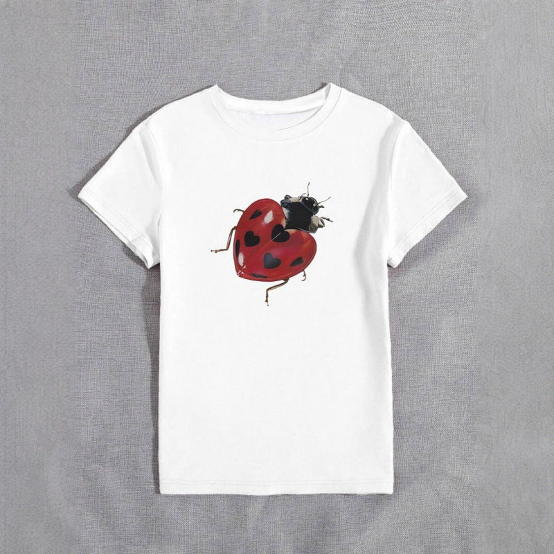 Women's Casual Seven Star Ladybug Graphic Tee - White T-Shirt