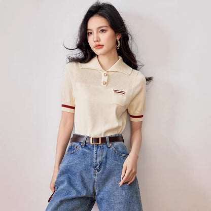 Vintage Apricot Polo Neck Knit Top - Summer Loose Short Sleeve Shirt