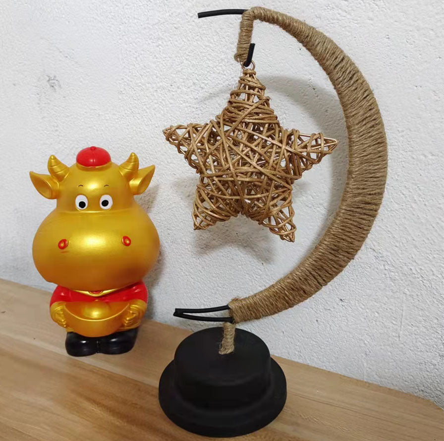 LED Star in Moon Night Light with Hemp Rope and Iron Art Base