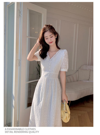 Sweet French Embroidered White Long Dress - Summer Elegant V-Neck Short Sleeve Maxi Skirt for Women