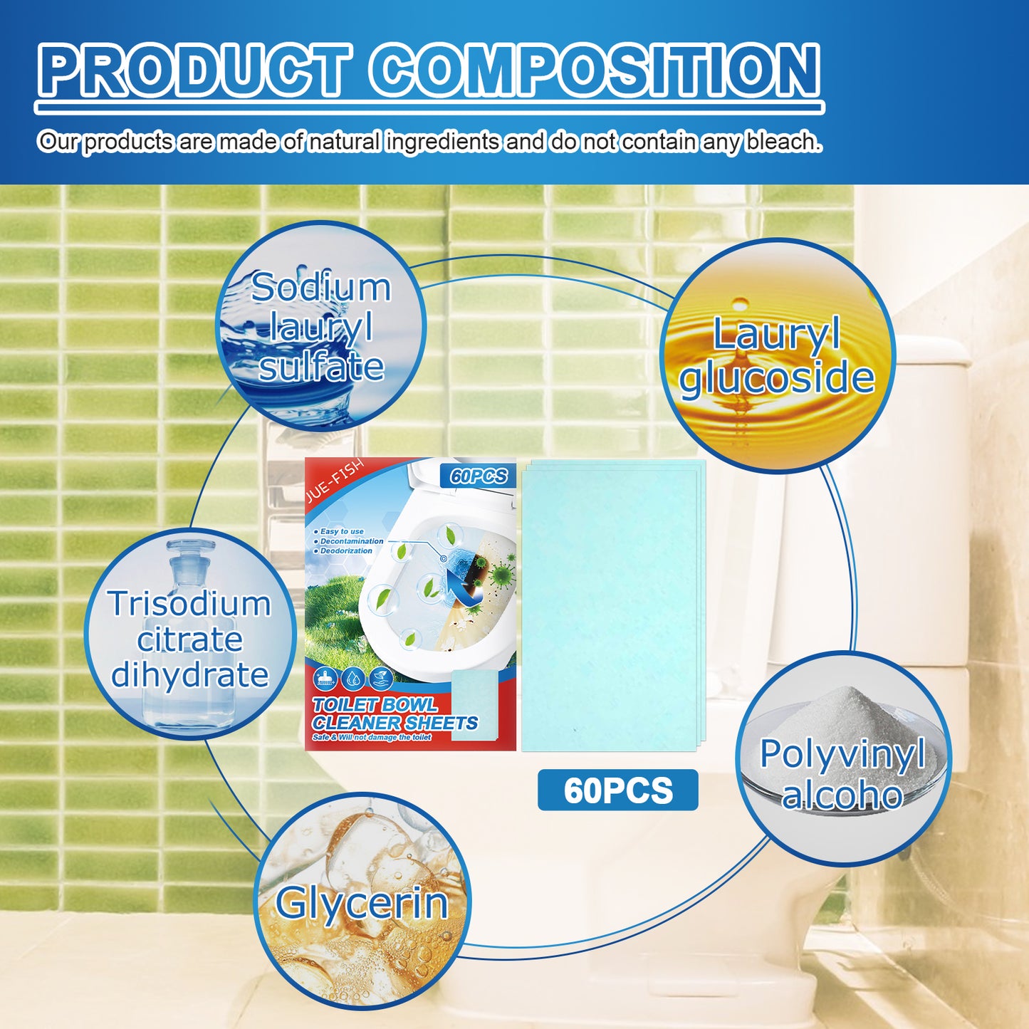 Powerful Toilet Bowl Cleaner Sheets - Automatic De-stain & Deodorizing Tablets