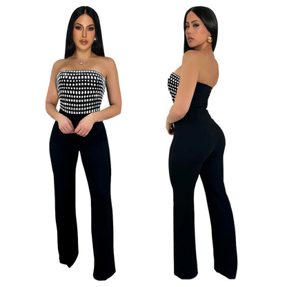 Luxury Rhinestone Strapless Bodysuit & Straight Fit Long Pants Set - Chic Two-Piece Party Outfit