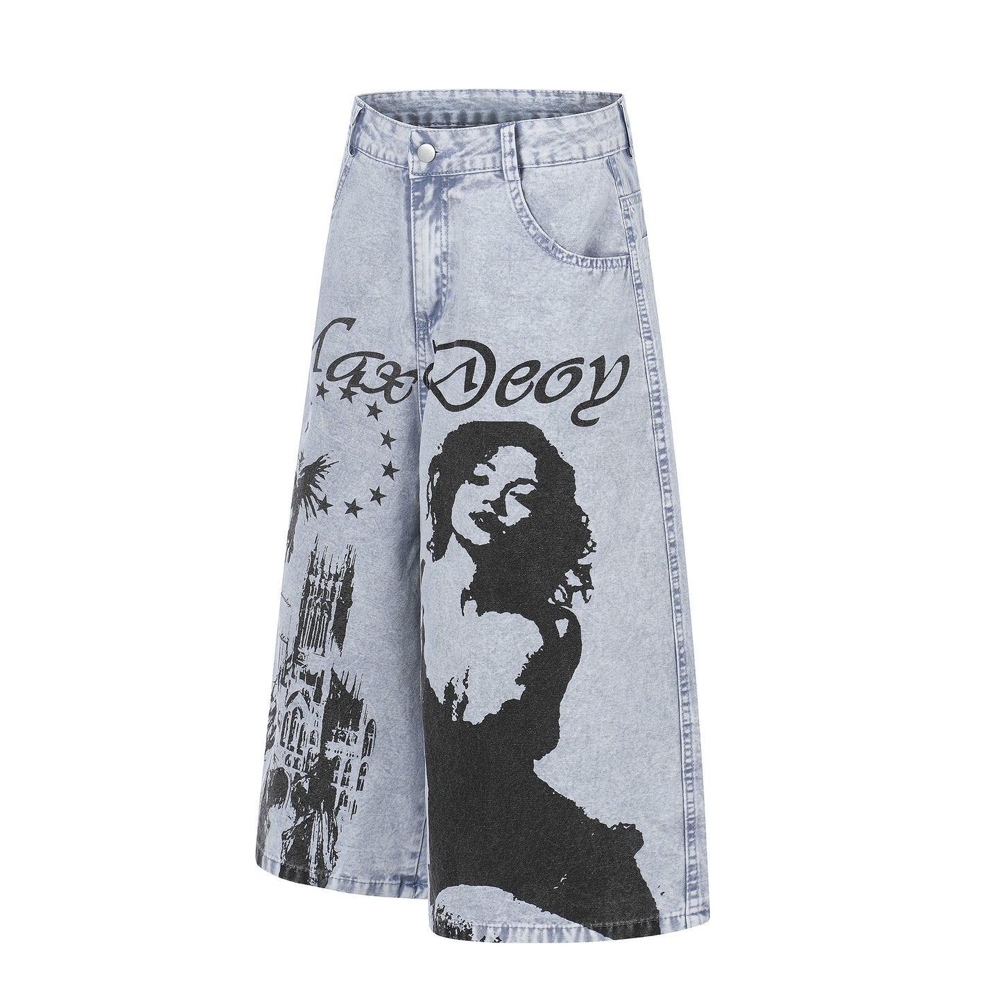 Urban Aesthetic Graphic Print Wide Leg Jeans - High Street Washed Denim Culottes