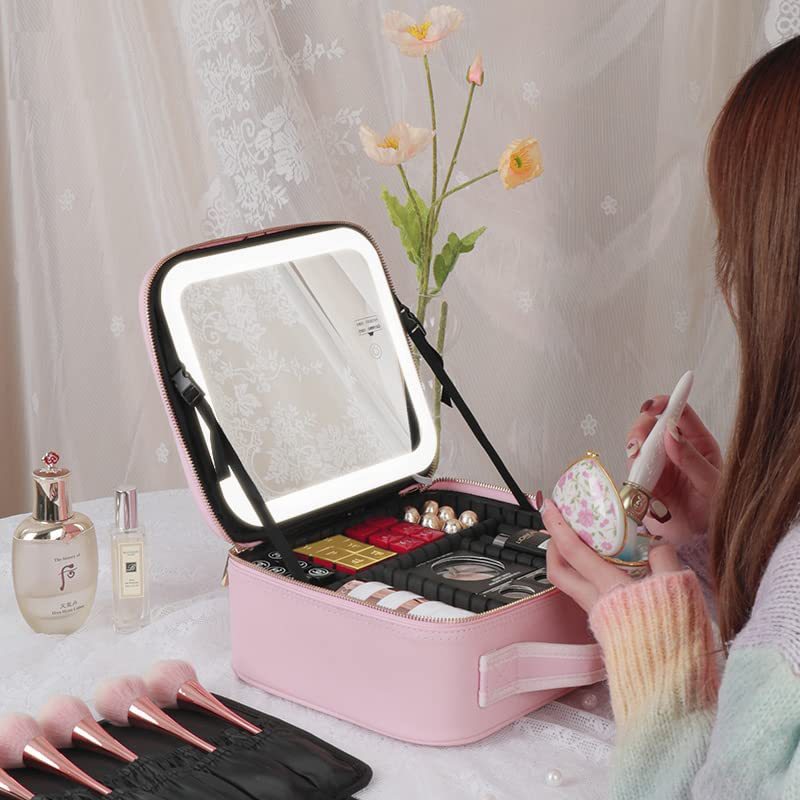 Large Capacity LED Mirror Makeup Bag – Multifunctional DIY Partition Storage Box
