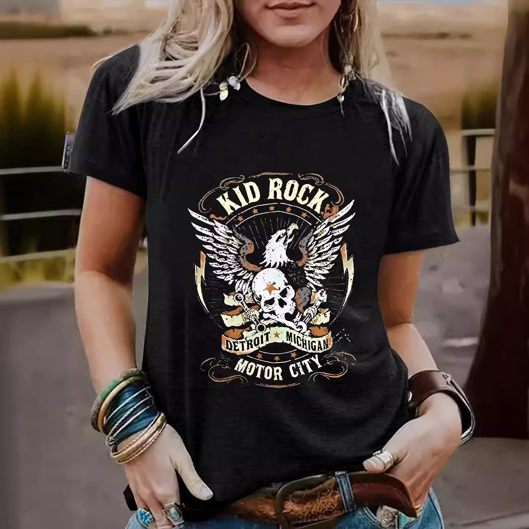 Vintage Eagle Pattern Round Neck Short Sleeved T-Shirt | Graphic Print Top for Men/Women