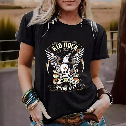 Vintage Eagle Pattern Round Neck Short Sleeved T-Shirt | Graphic Print Top for Men/Women