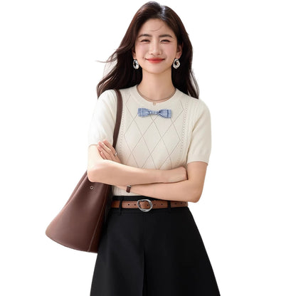 Elegant Bow Tie Knitwear - Regular Shoulder Fitted Top for Women