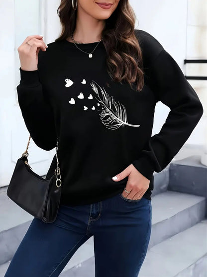 Feather & Heart Print Grey Sweatshirt | Cozy Long Sleeve Pullover for Women
