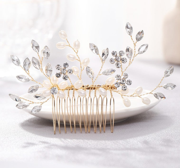 Elegant Hand-Woven Pearl and Crystal Bridal Hair Comb Headdress
