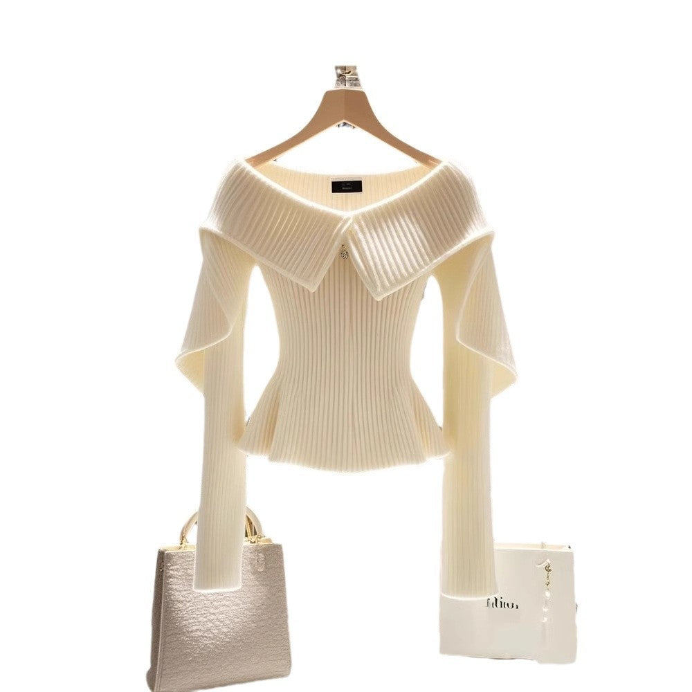 Women's Unique Fold-Over Collar Knitted Sweater - Sophisticated White
