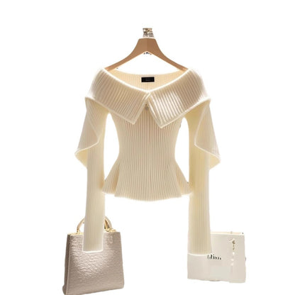 Women's Unique Fold-Over Collar Knitted Sweater - Sophisticated White