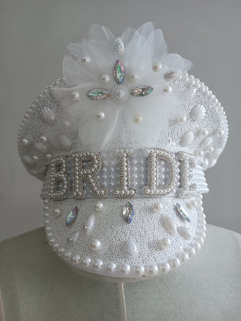 Luxury Handmade "BRIDE" Rhinestone Captain Hat - Sparkling Sequined Wedding & Party Cap