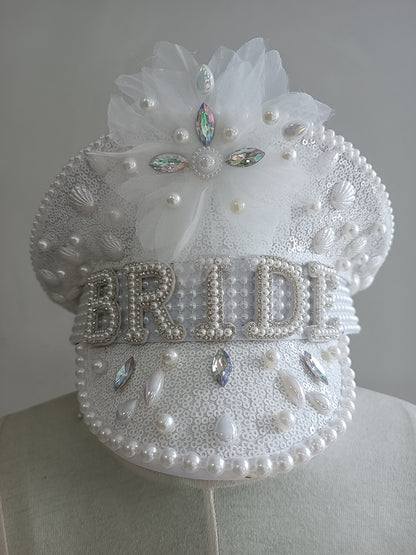 Luxury Handmade "BRIDE" Rhinestone Captain Hat - Sparkling Sequined Wedding & Party Cap