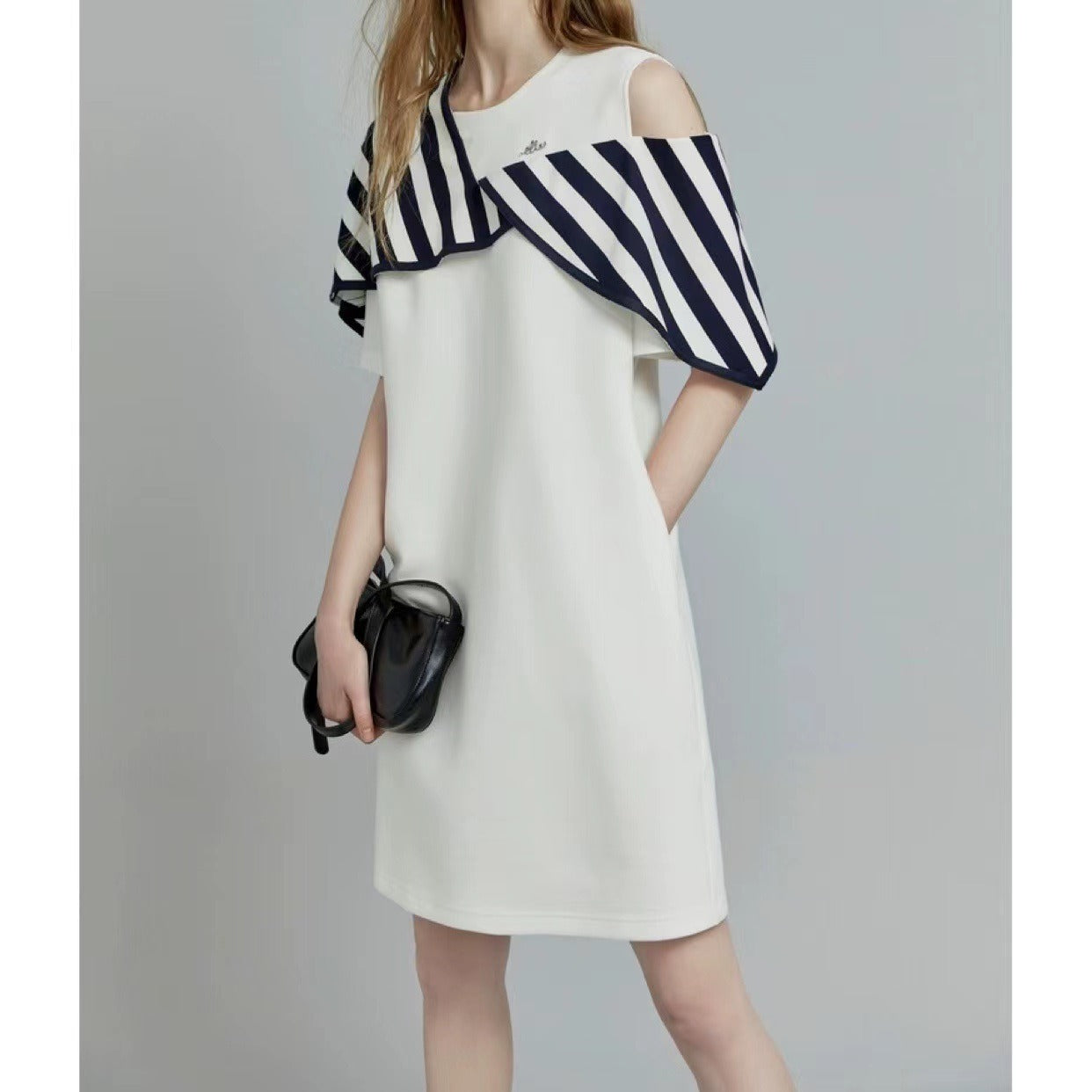 Chic Off-Shoulder Stripe Design White Commuting Dress - Elegant Minimalist Short Sleeve Niche Skirt for Women