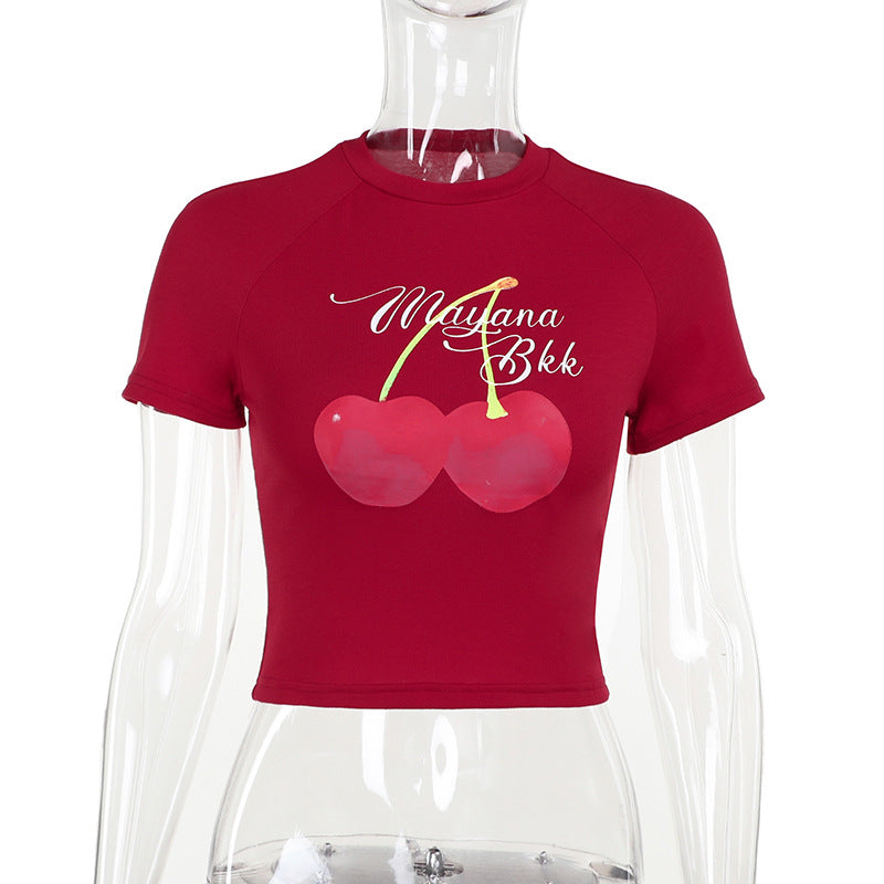 Cherry Graphic Shoulder Sleeves Slim Fit Crop T-Shirt | Exposed Navel Versatile Top