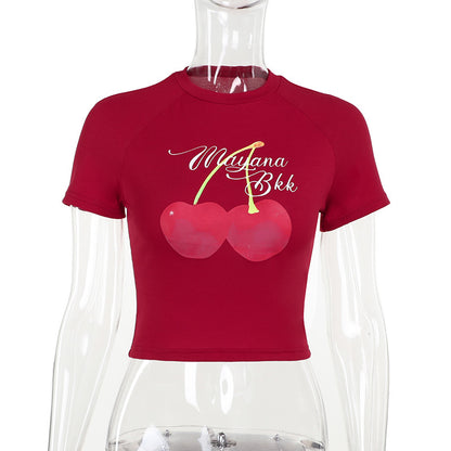 Cherry Graphic Shoulder Sleeves Slim Fit Crop T-Shirt | Exposed Navel Versatile Top