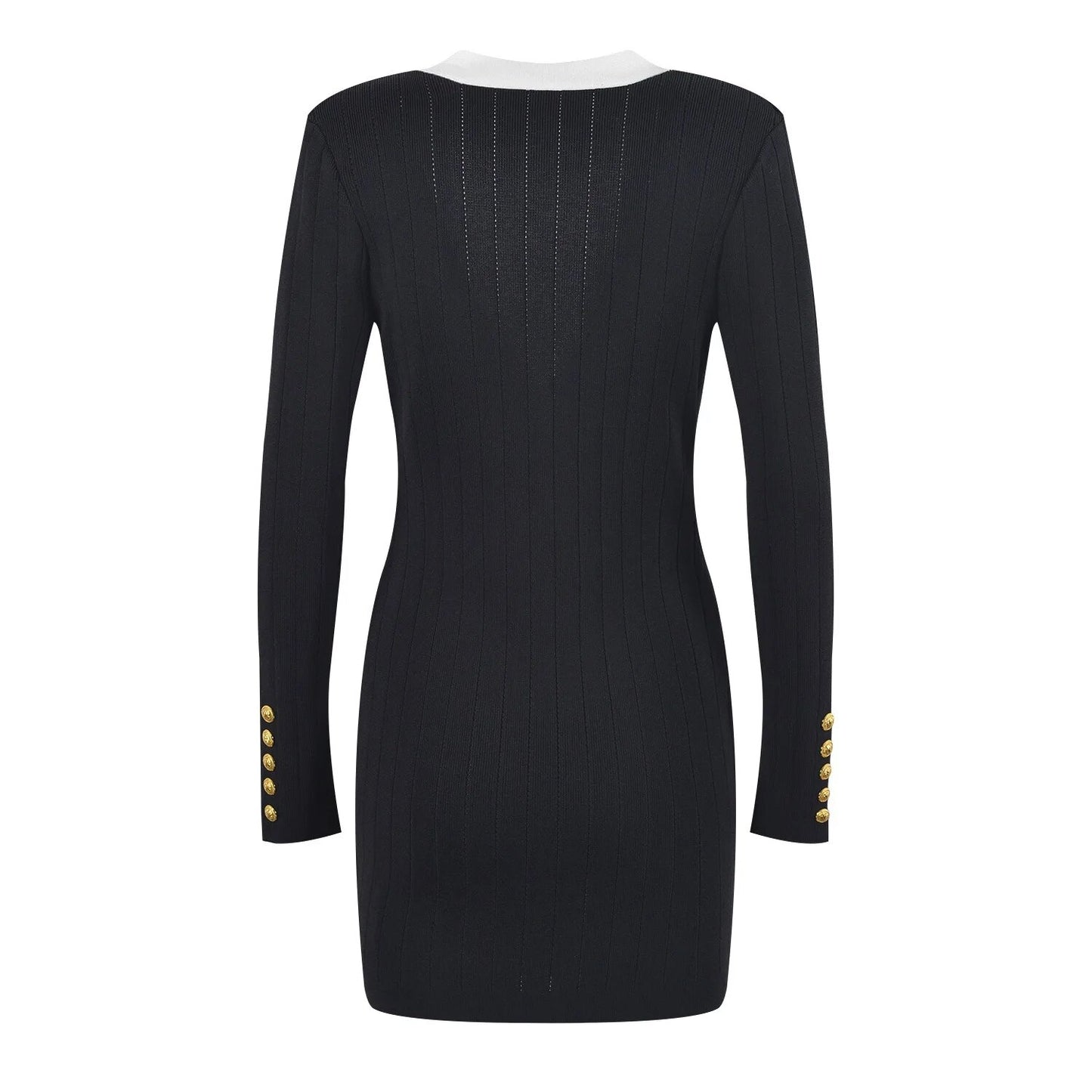 Luxury Contrast Knit Mini Dress - Elegant Gold Button Deep V-Neck Sweater Dress for Women