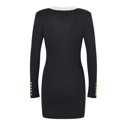 Luxury Contrast Knit Mini Dress - Elegant Gold Button Deep V-Neck Sweater Dress for Women