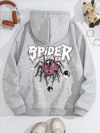 Grunge Spider Graphic Print Hoodie | Oversized Lavender Pullover for Streetwear