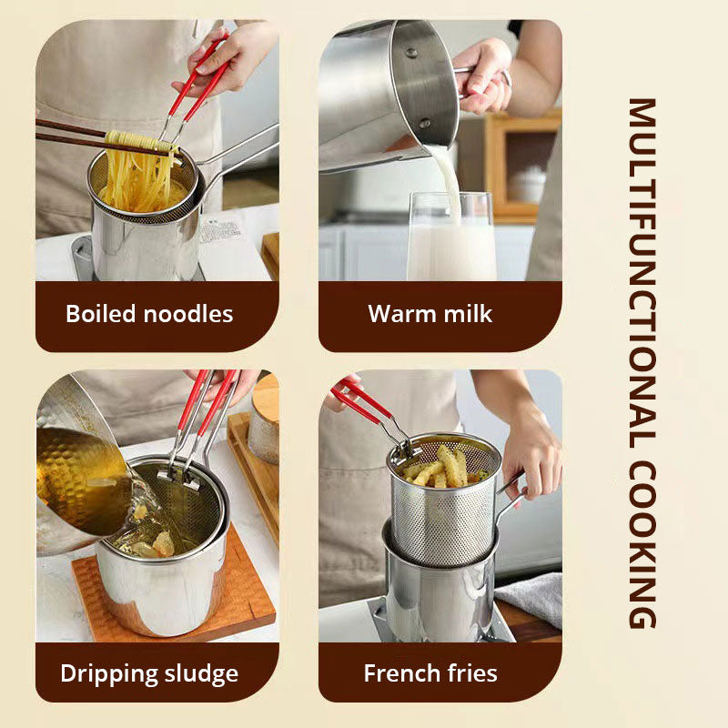 Japanese Style Mini Deep Fryer Pot with Filter Basket - Stainless Steel Oil-Saving Small Frying Pot for French Fries & Chicken