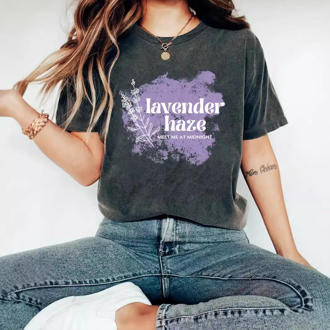 Lavender Haze' Pattern Printed Round Neck Short Sleeved T-Shirt | Graphic Slogan Tee