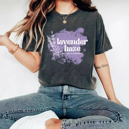 Lavender Haze' Pattern Printed Round Neck Short Sleeved T-Shirt | Graphic Slogan Tee