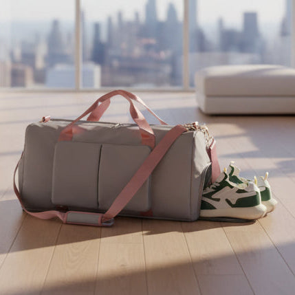 Gray duffel bag with pink straps containing green and white sneakers on a white background
